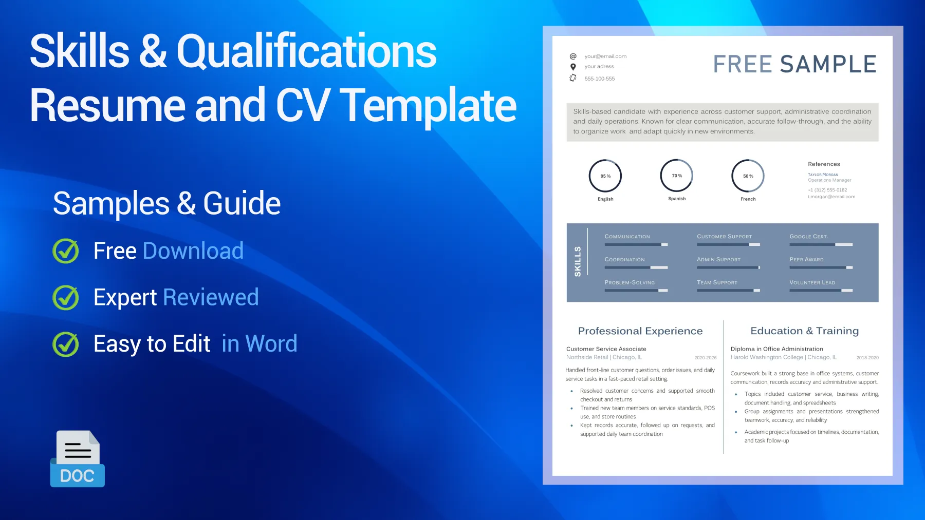 Skills and qualifications CV sample focused on transferable strengths and career-change applications