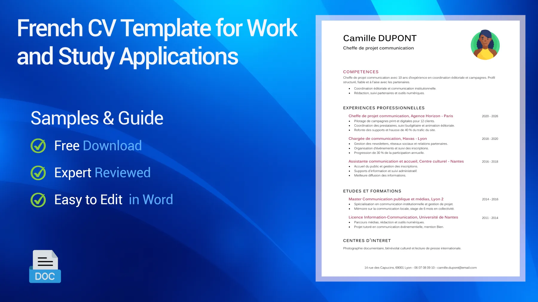 French CV sample for jobs, studies, and French-language applications