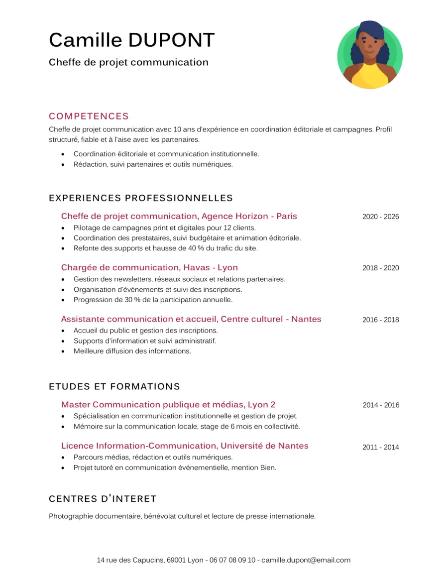Preview of a French CV template for applications in France and other French-speaking settings