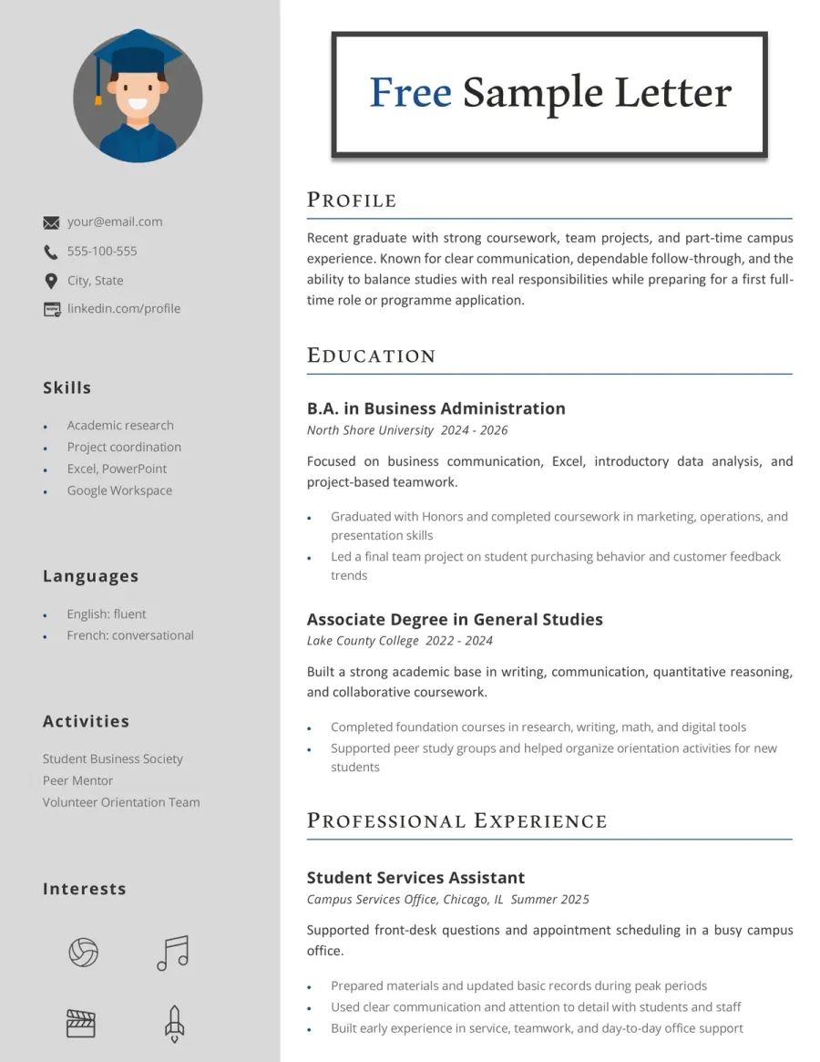 Preview of a student CV template for university, programme, and first-job applications