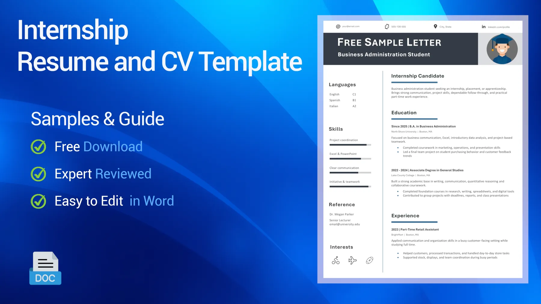 Internship CV sample for traineeship, placement, and apprenticeship applications