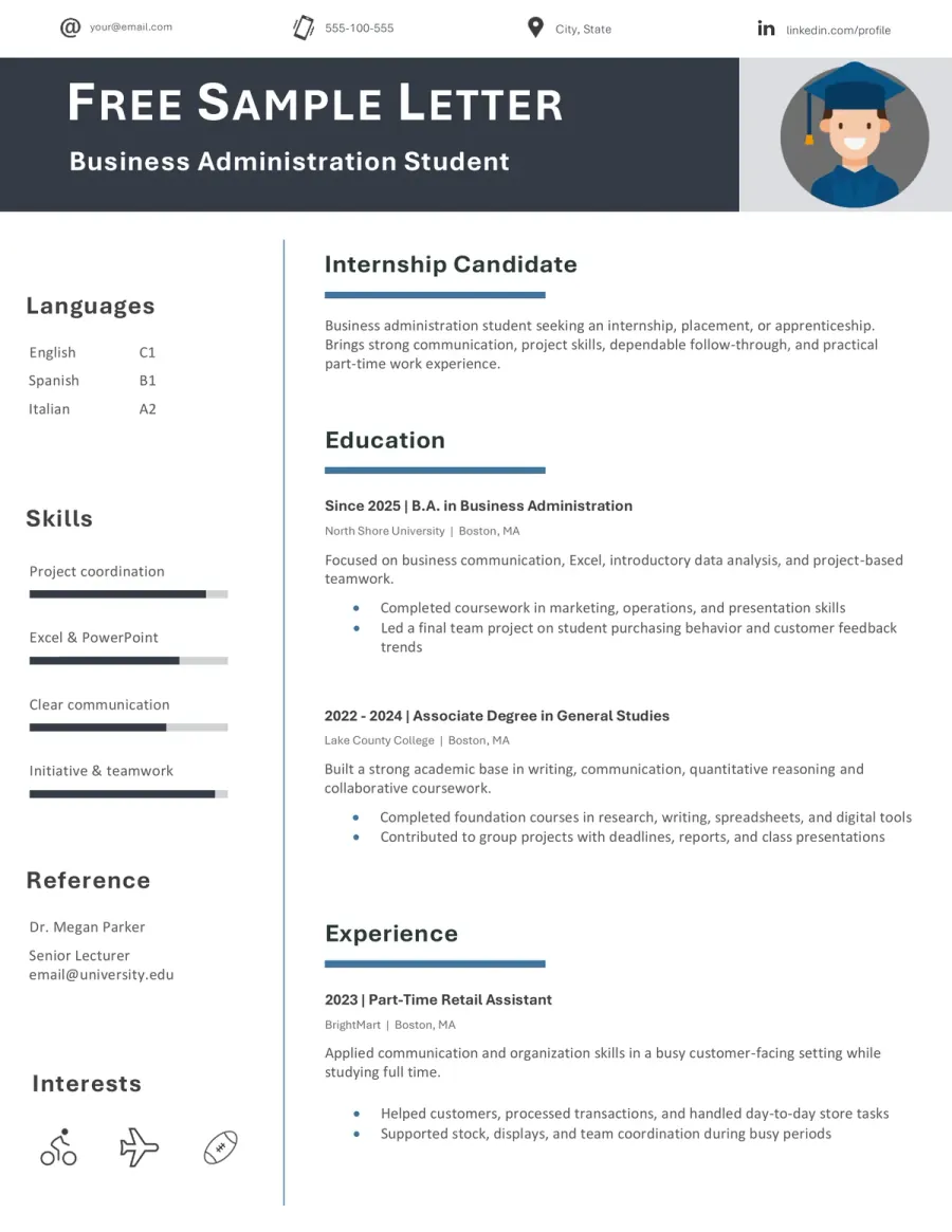 Preview of an internship CV template for traineeship, placement, and apprenticeship applications