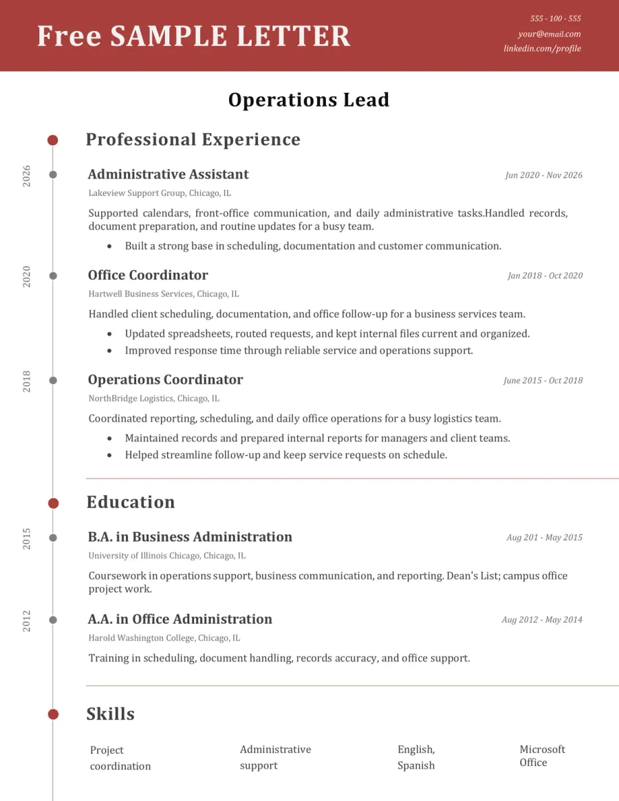 Preview of a chronological CV template with a clear reverse-chronological layout