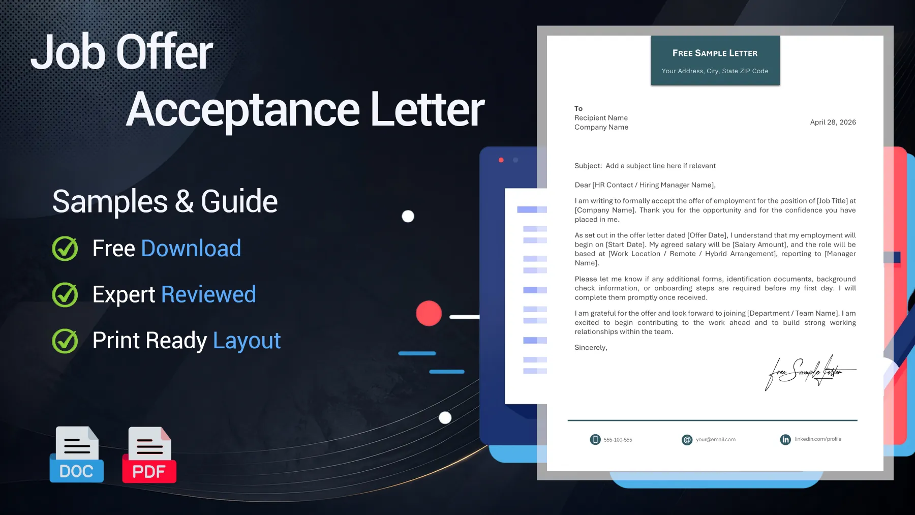 Example of a job offer acceptance letter confirming employment terms