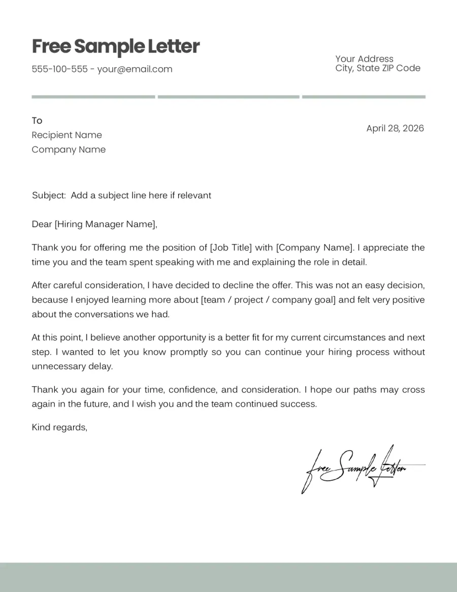 Preview of the Job Offer Rejection Template You Can Download
