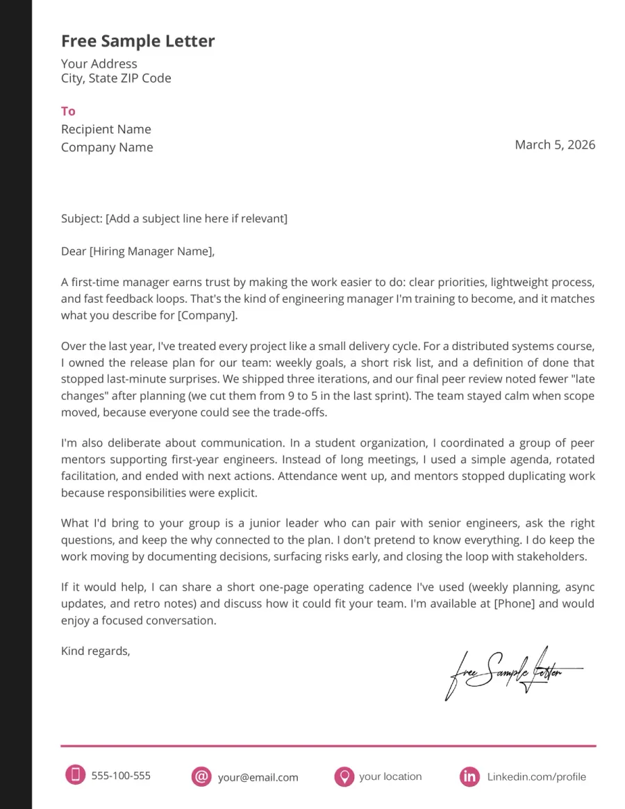 Engineering Manager Cover Letter Template Preview -Before Download Word / PDF