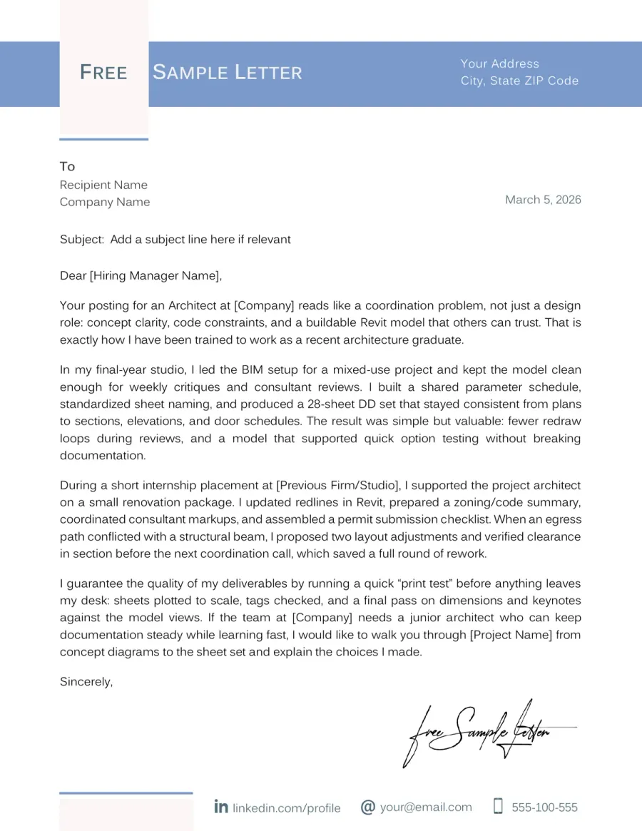Preview the Architect Cover Letter Template Before Download (Word + PDF)