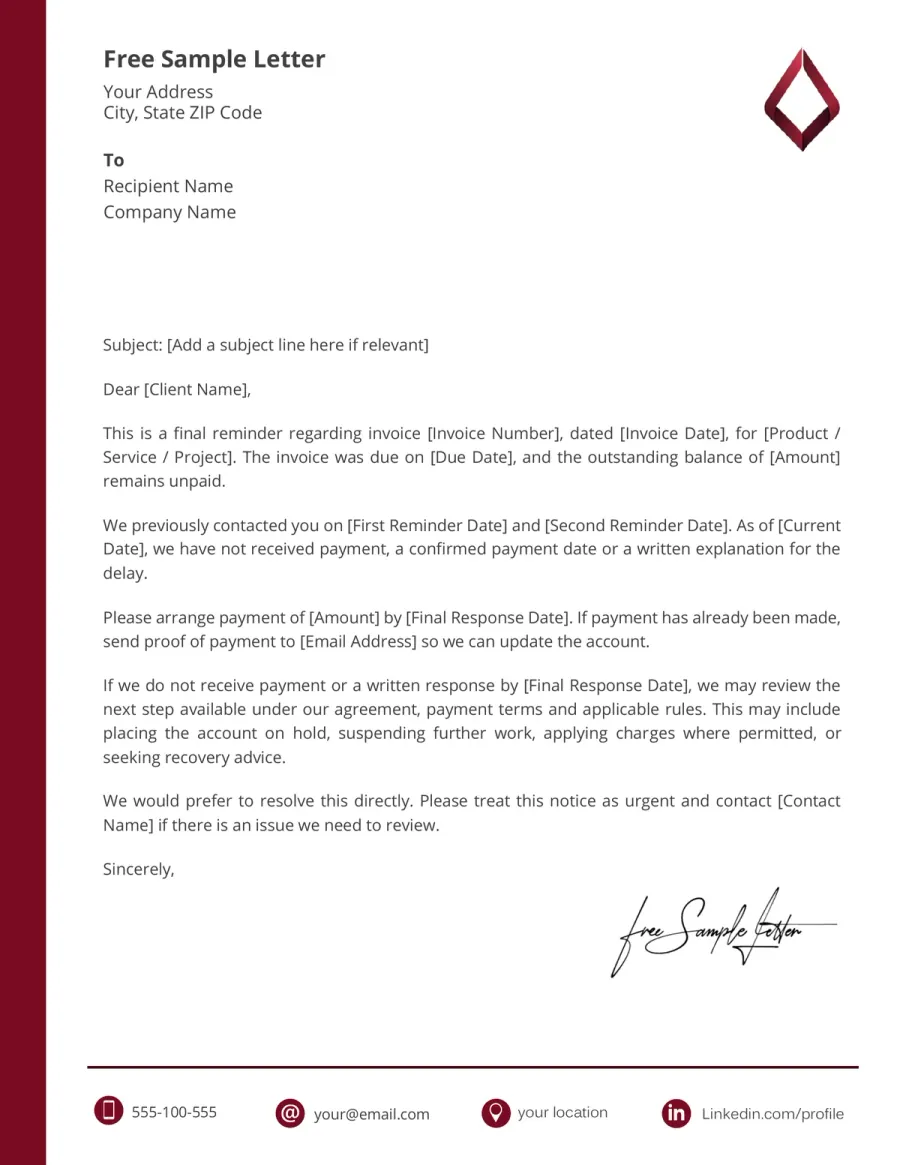 Preview of the Free Late Payment Reminder Letter Template