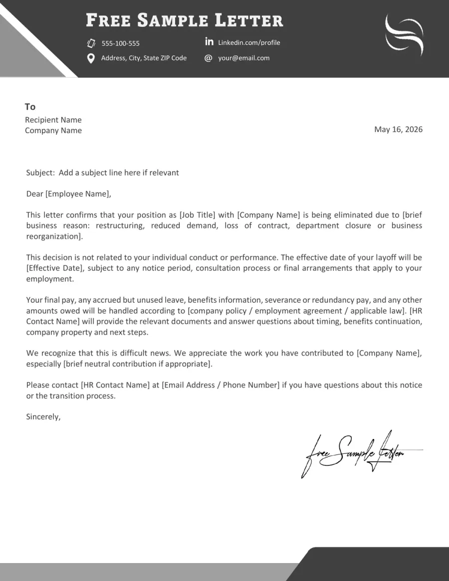 Preview of the Free Layoff Notice Letter Template