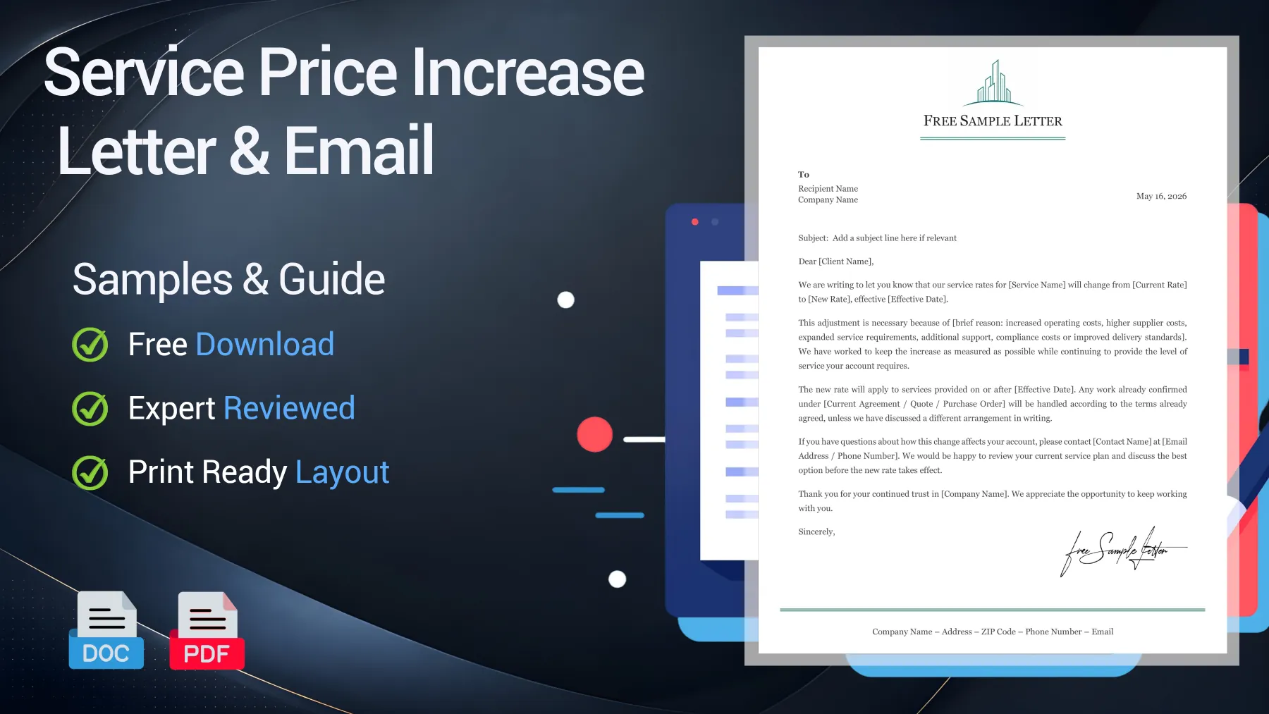 Example of a service price increase letter sent to clients about updated rates