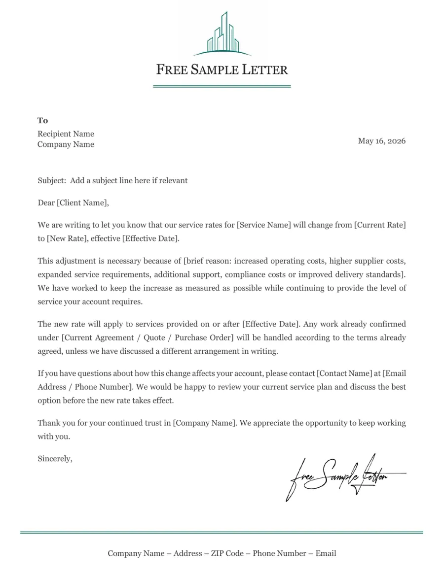 Preview of the Free Service Price Increase Letter Template
