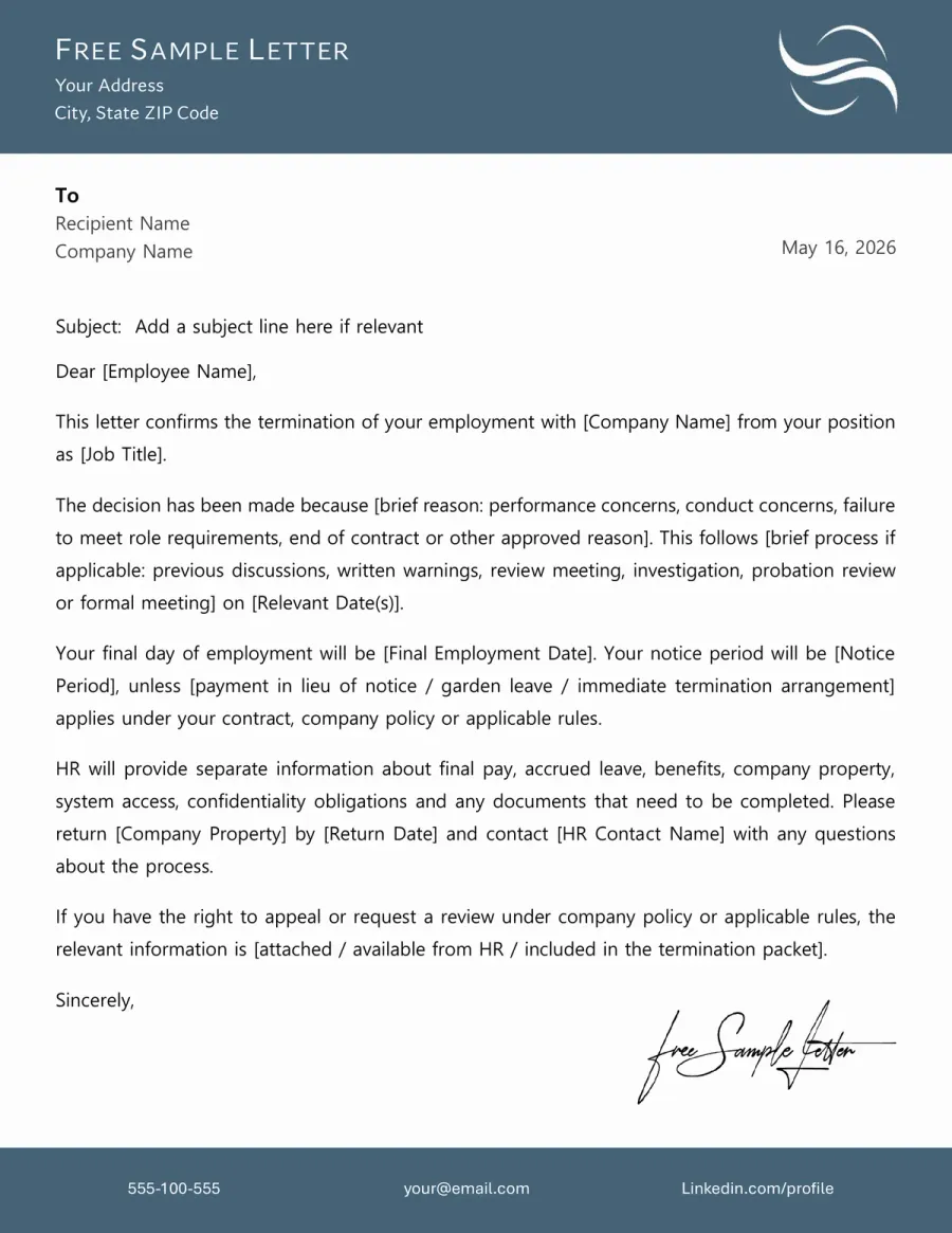 Preview of the Free Employment Termination Letter Template