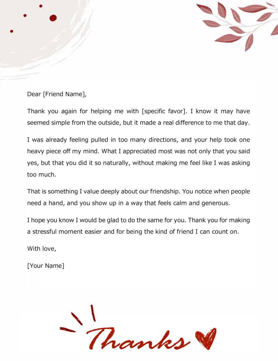 Preview of the Thank You Letter After a Favor Template You Can Download