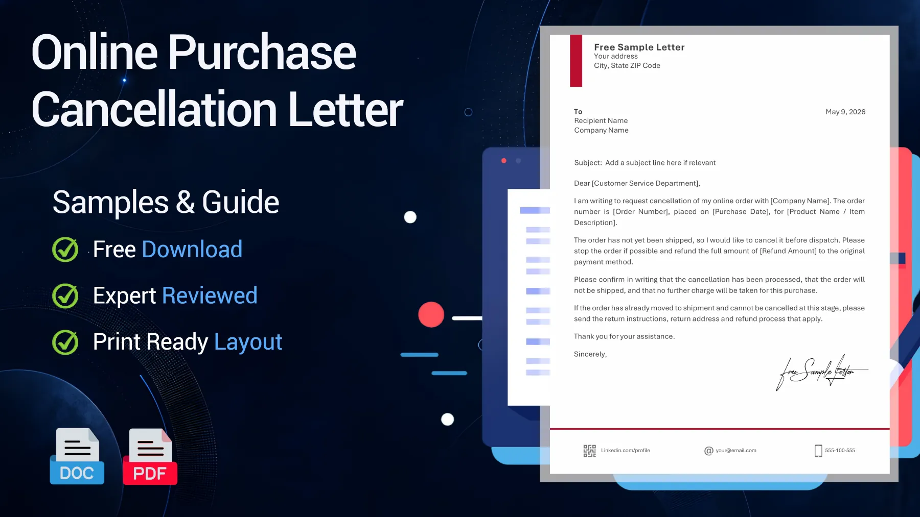 Example of an online purchase cancellation letter with order number and refund request