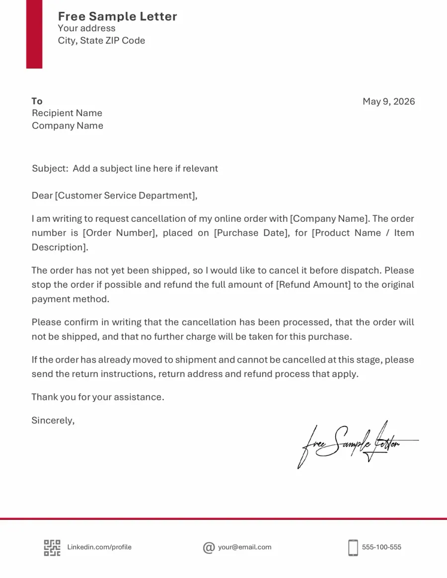 Preview of the Online Purchase Cancellation Letter Template