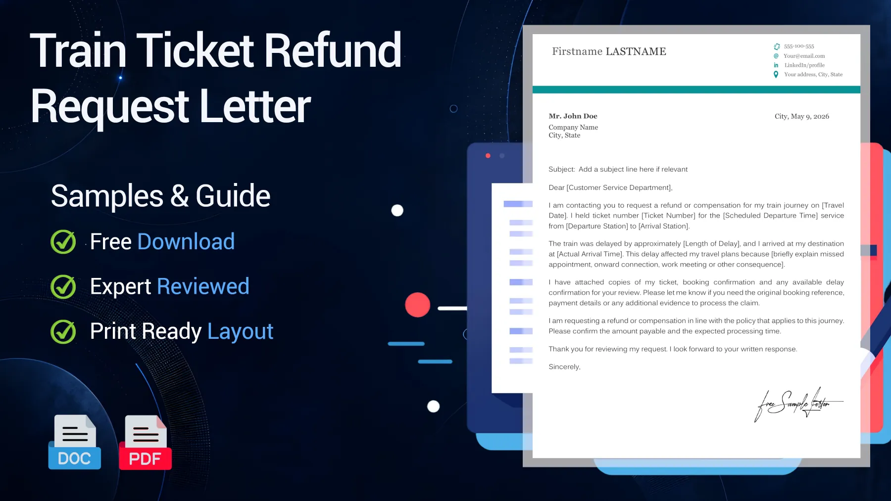 Example of a train ticket refund request letter for a delayed departure