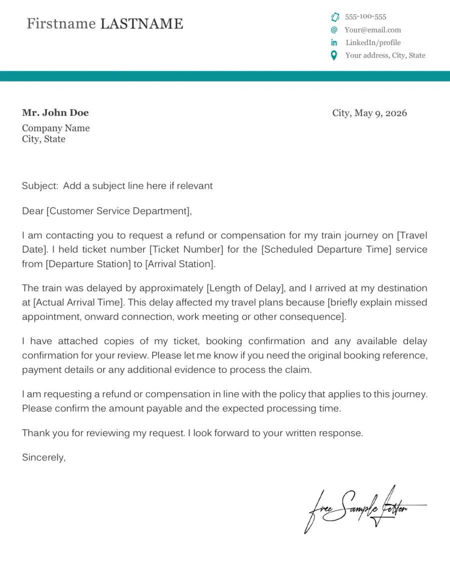 Preview of the Train Ticket Refund Request Template You Can Download