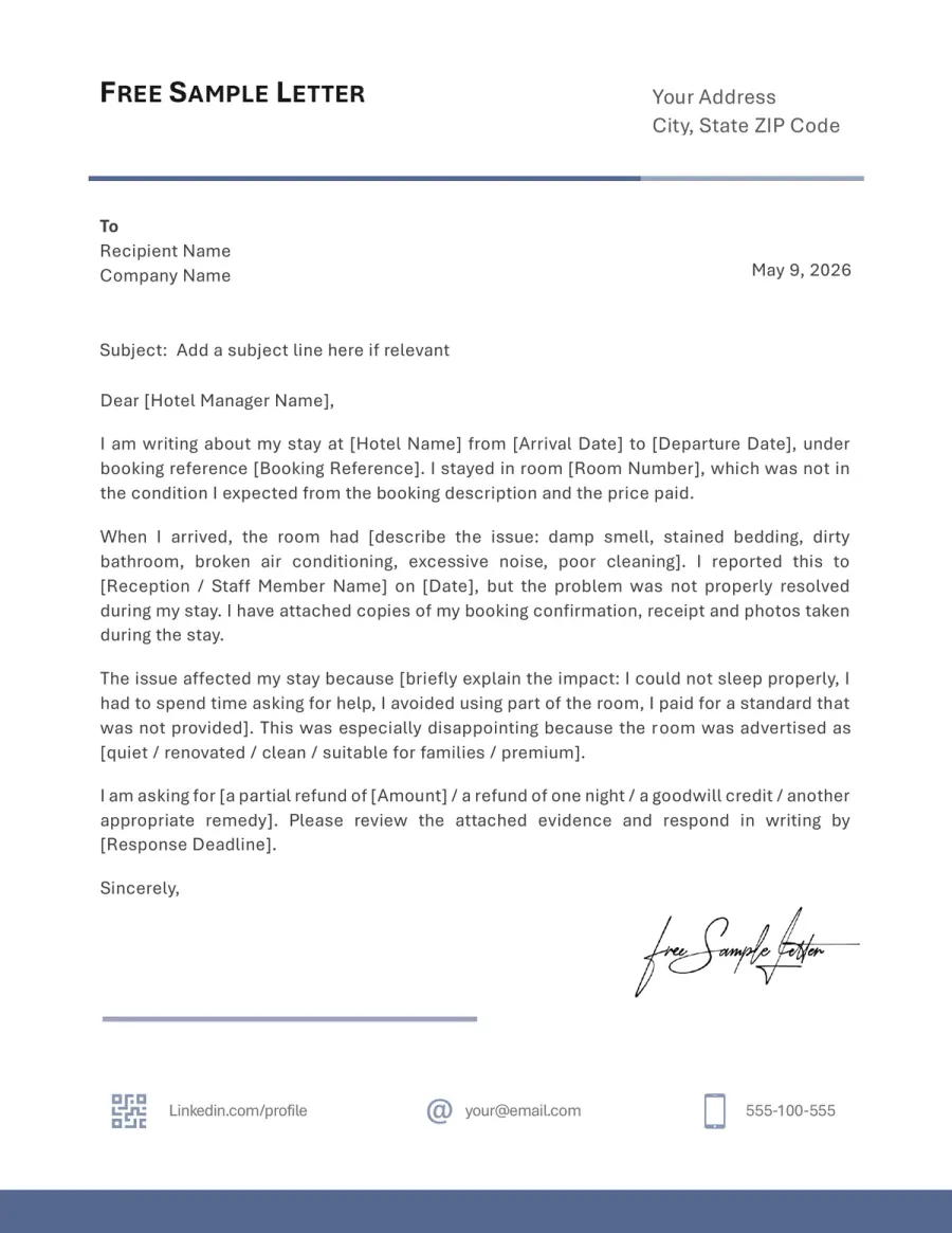 Preview of the Hotel Complaint Letter Template You Can Download