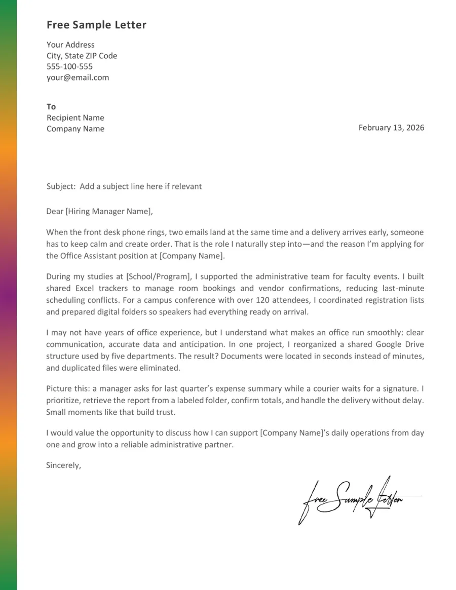 Office Assistant Cover Letter Template Preview Before Download