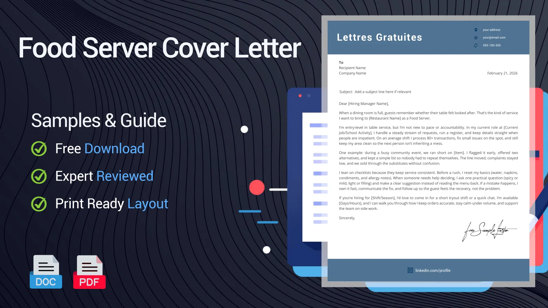 Example of a Food Server cover letter for a Food Server position