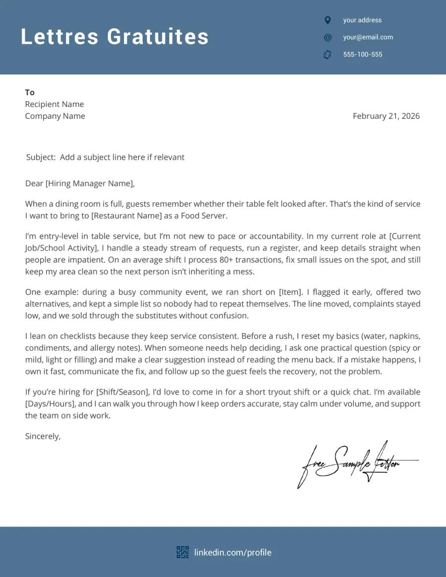 Preview the Food Server Cover Letter Template Before Download (Word/PDF)