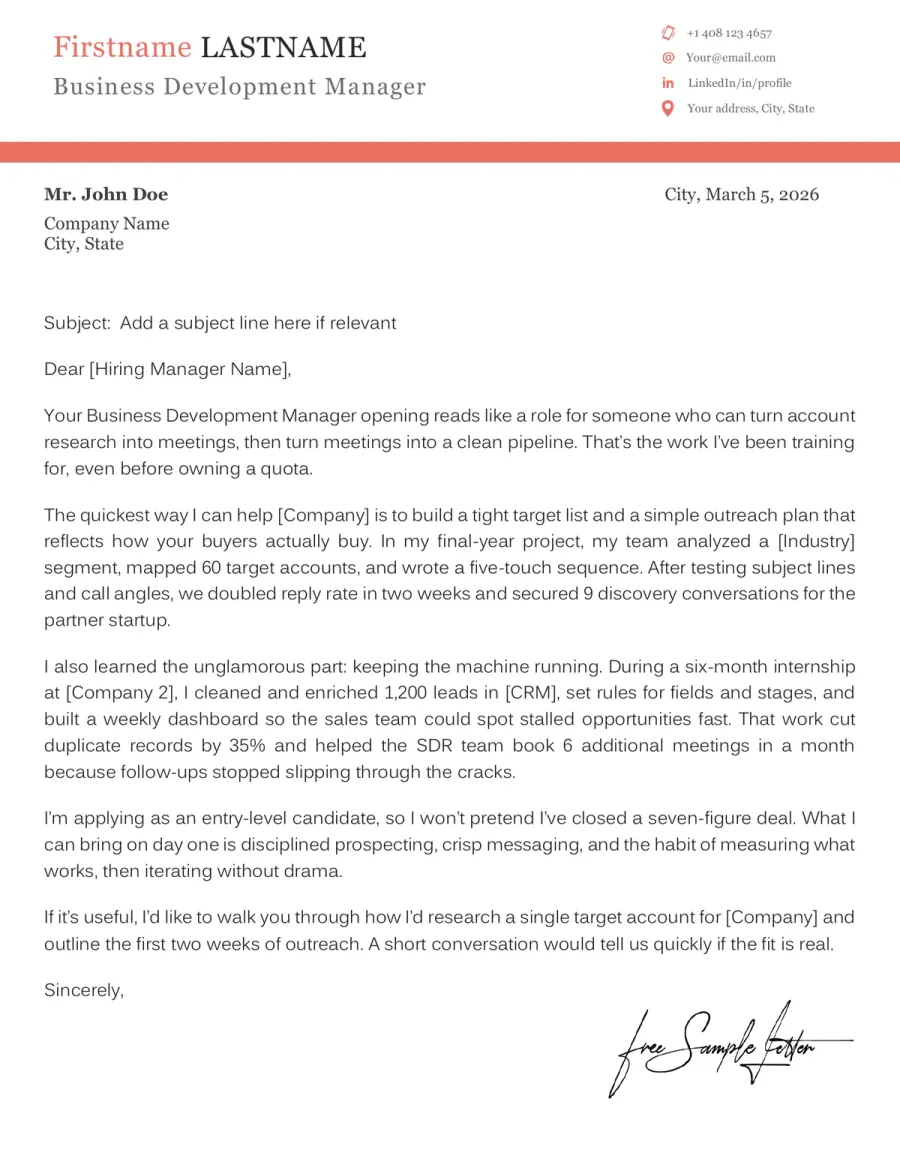 BDM Cover Letter Template Preview Before Download (Word/PDF)