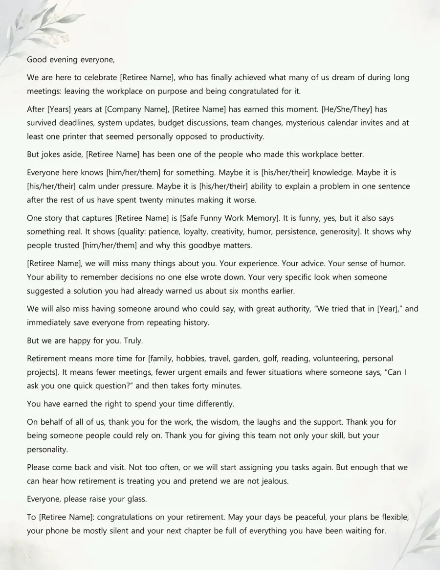 Preview of the Retirement Speech Template You Can Download
