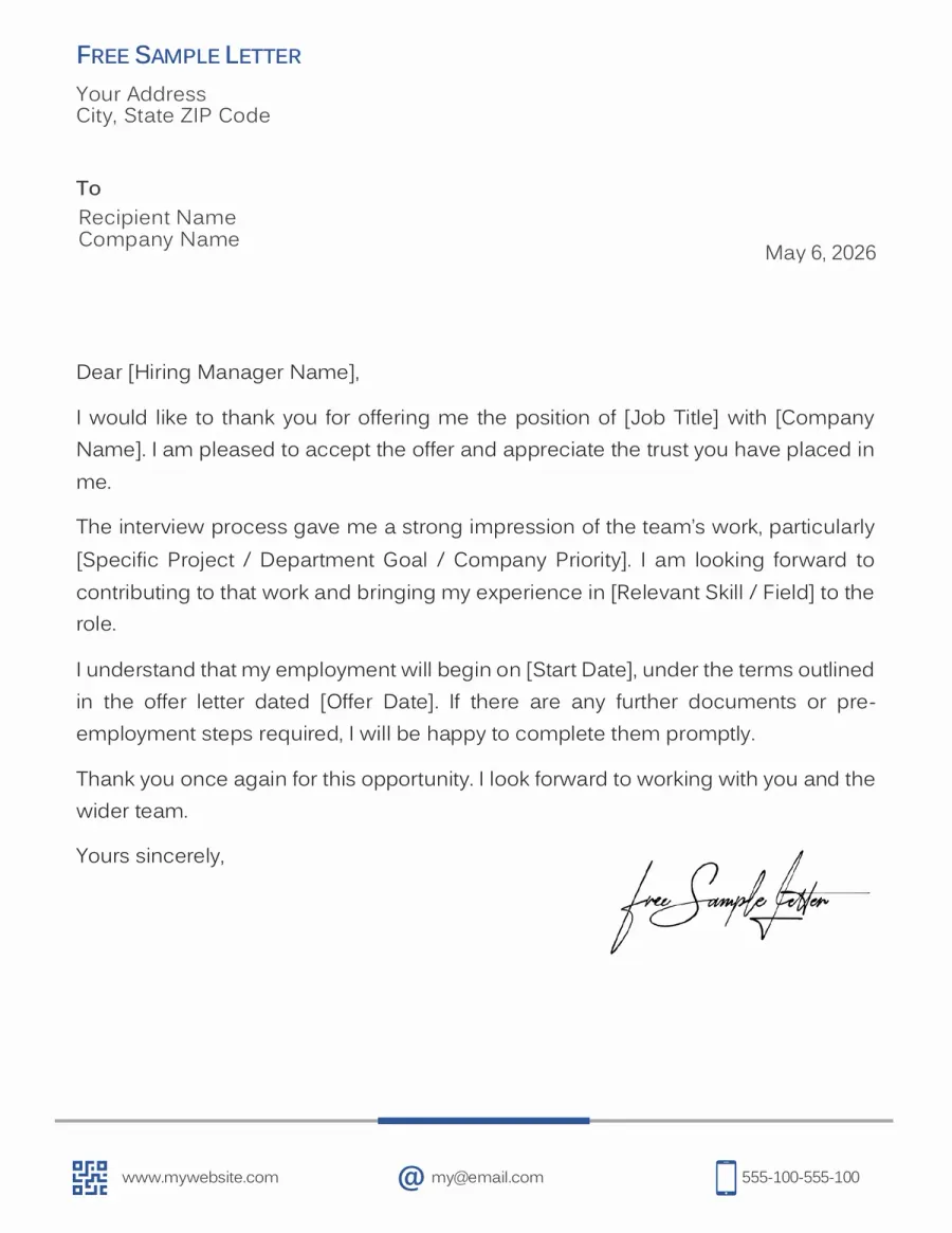 Preview of the Job Offer Thank You Letter Template You Can Download