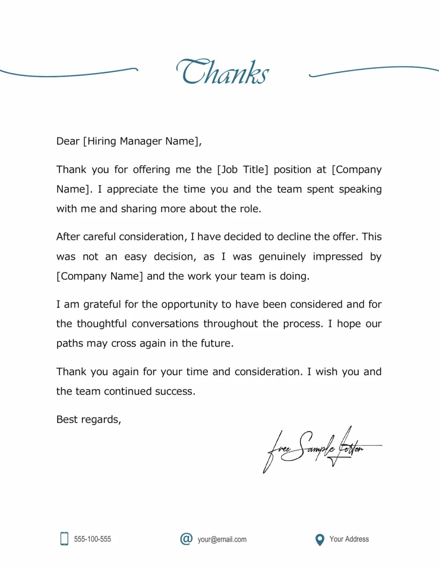 Preview of the Job Offer Decline Thank You Letter You Can Download