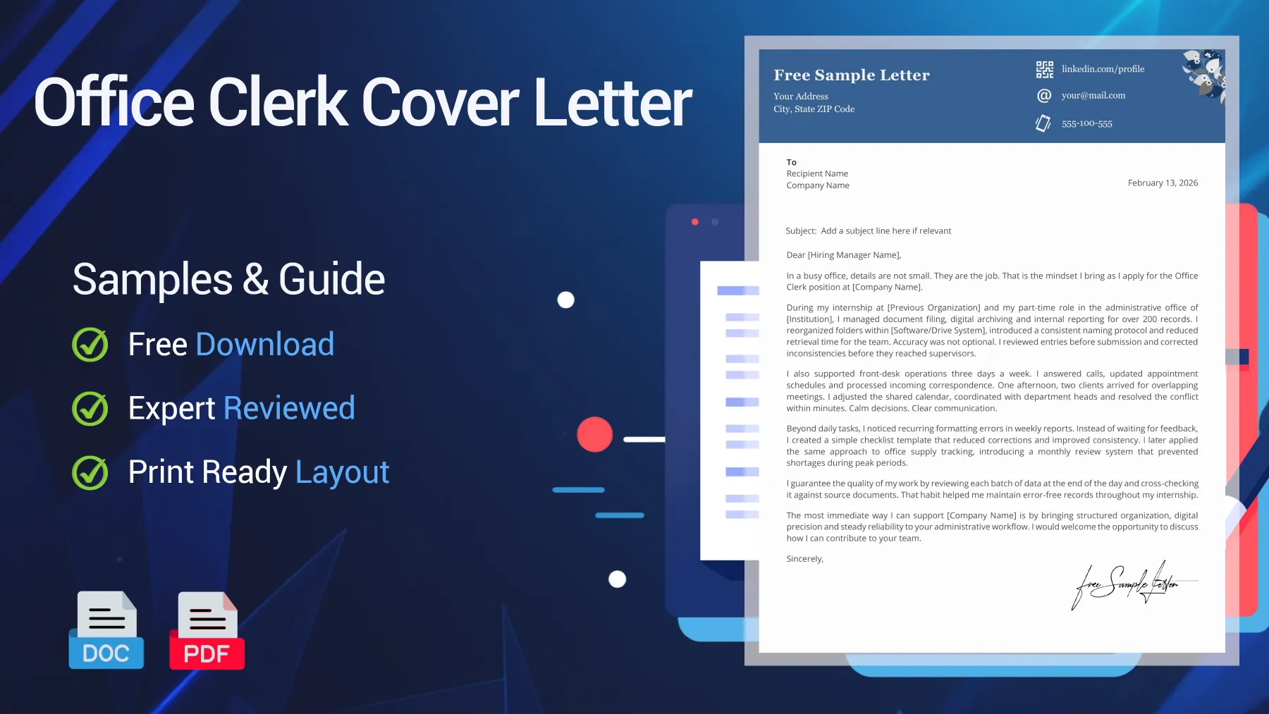 Example of an Office Clerk cover letter for an administrative position