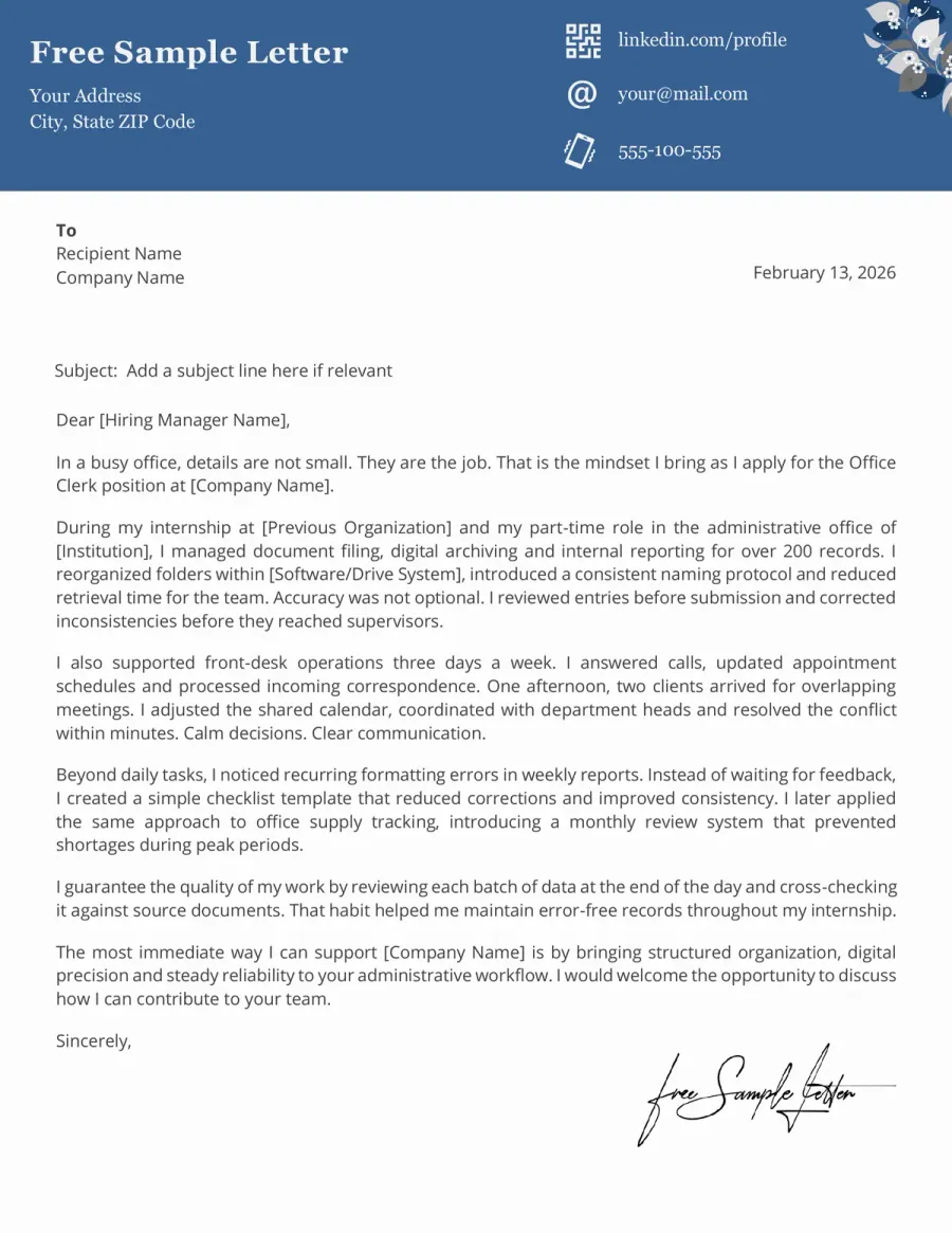 Office Clerk Cover Letter Template – Preview Before Download