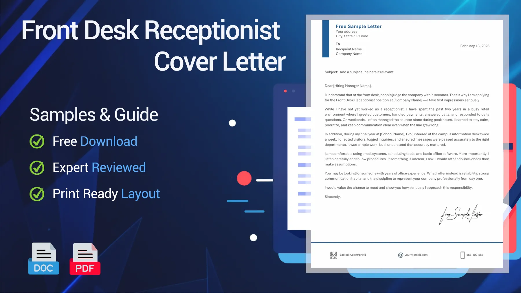 Example of a Front Desk Receptionist cover letter for a front desk position