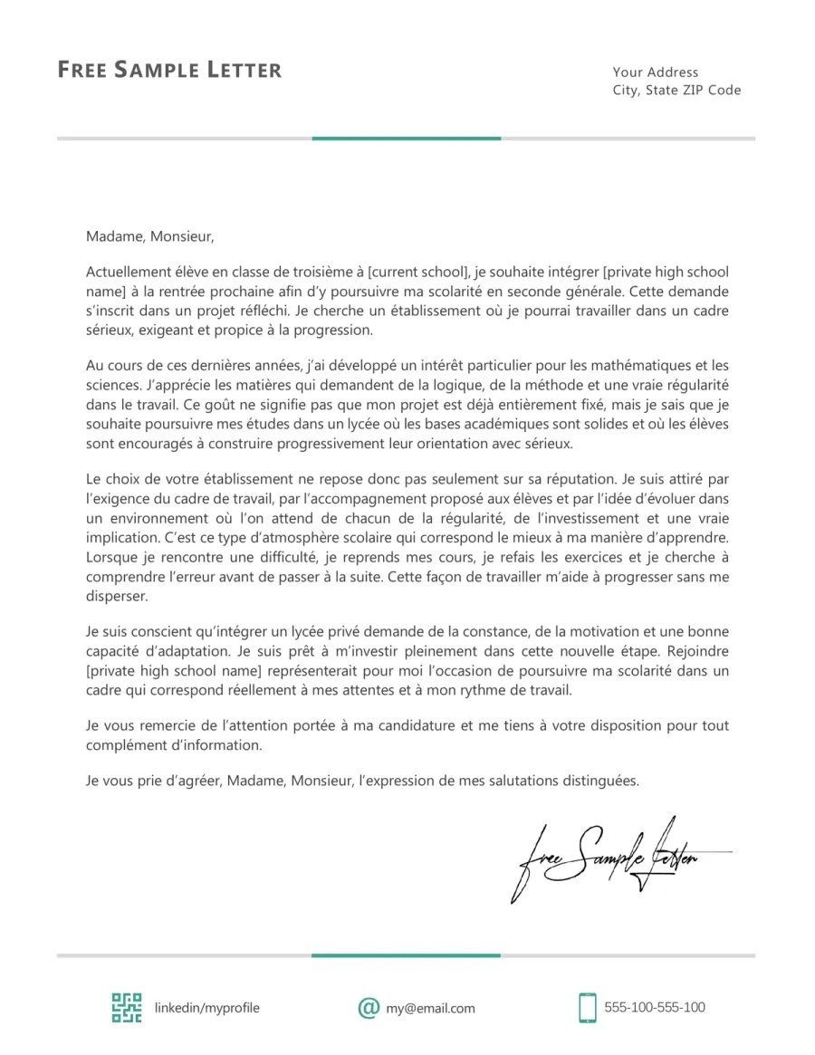 French High School Cover Letter Template Preview Before Word or PDF Download