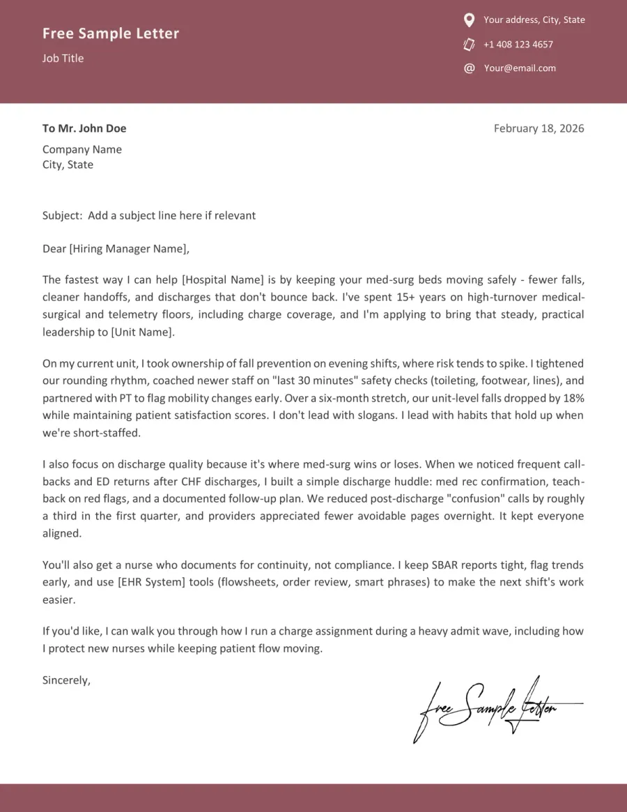 Medical Surgical Nurse Cover Letter Template Preview Before Download