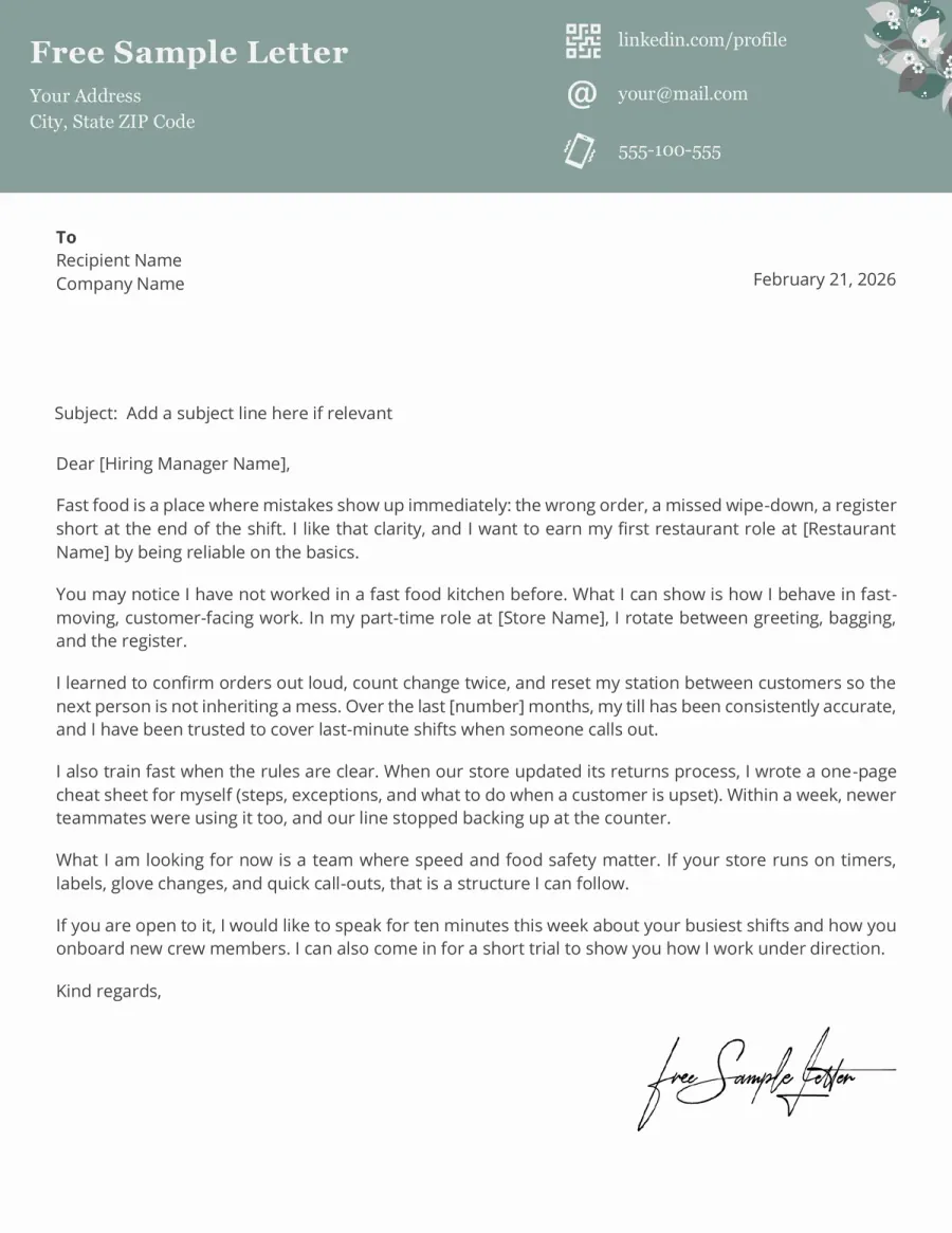 Fast Food Worker Cover Letter Template Preview Before Download (Word/PDF)