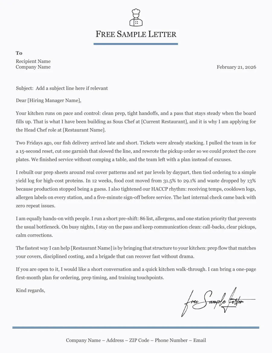 Preview the Head Chef Cover Letter Template Before Downloading (Word/PDF)