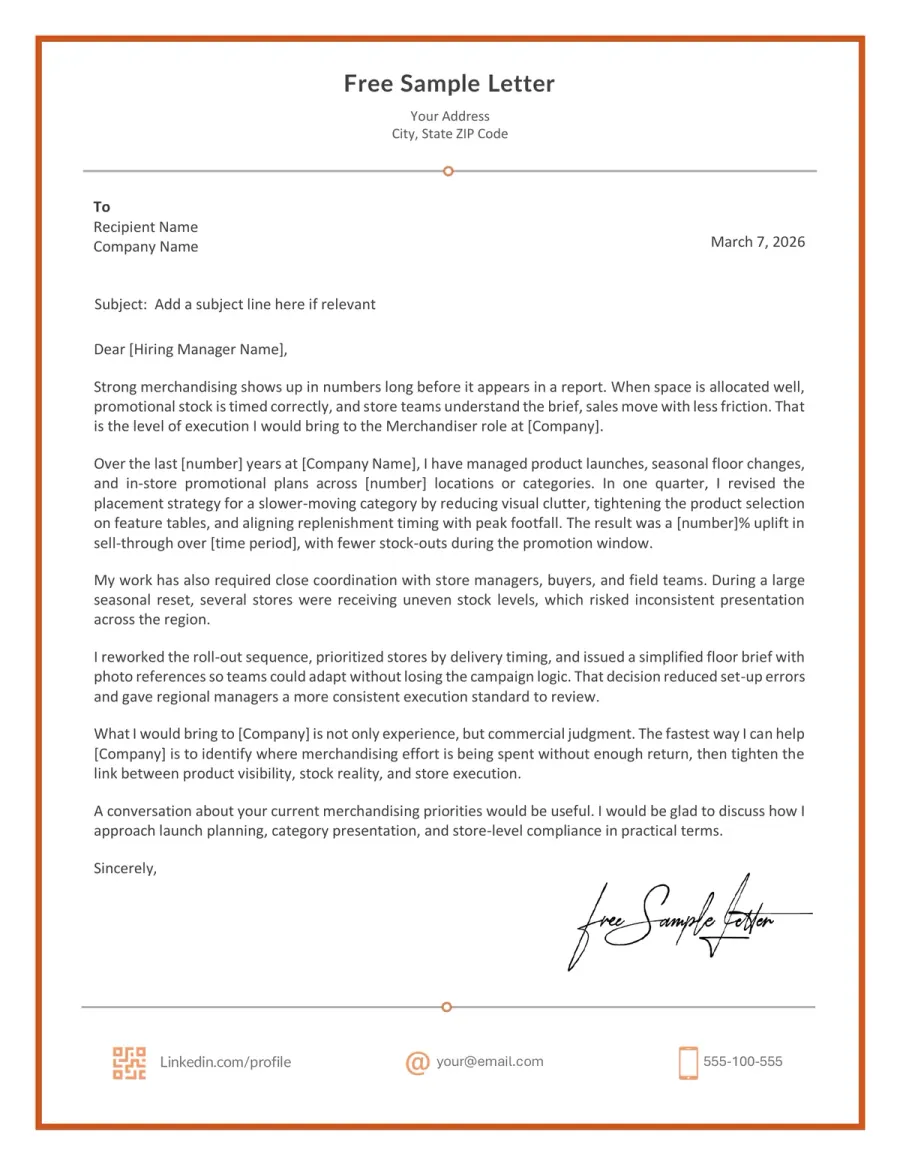 Merchandiser Cover Letter Template Preview Before Word / PDF Download