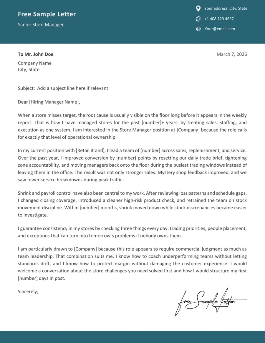 Preview This Store Manager Cover Letter Template Before Downloading Word or PDF