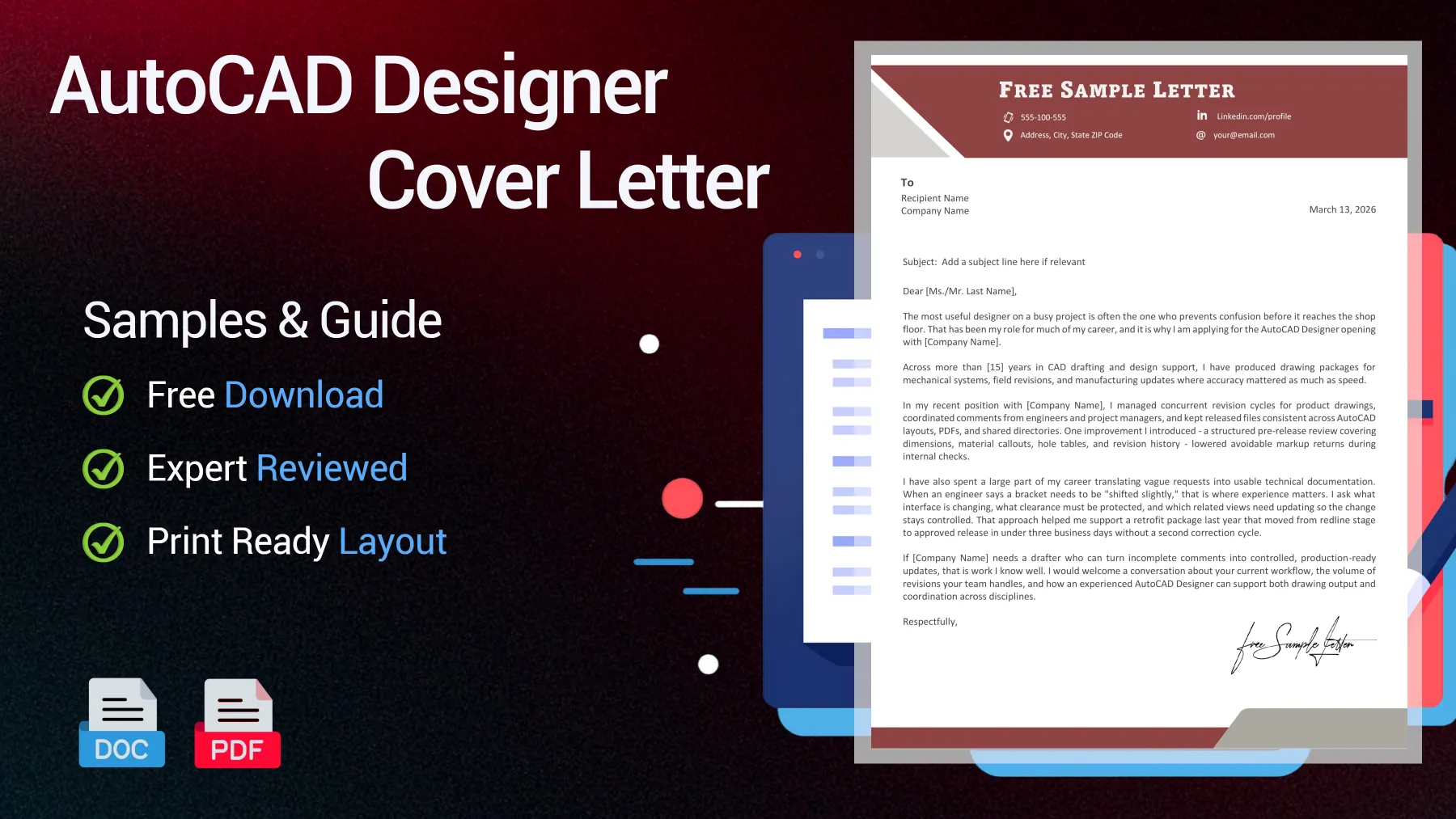 Example of an AutoCAD Designer cover letter for a CAD Technician position