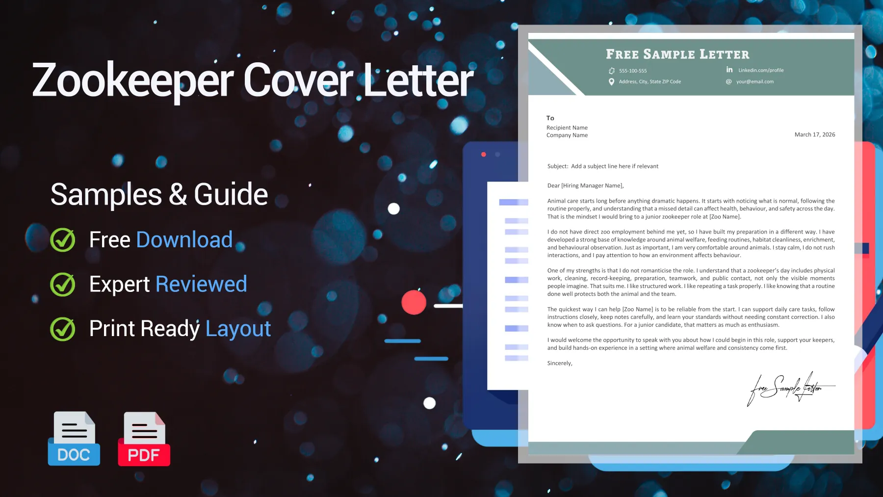 Example of a zookeeper cover letter for an animal care position