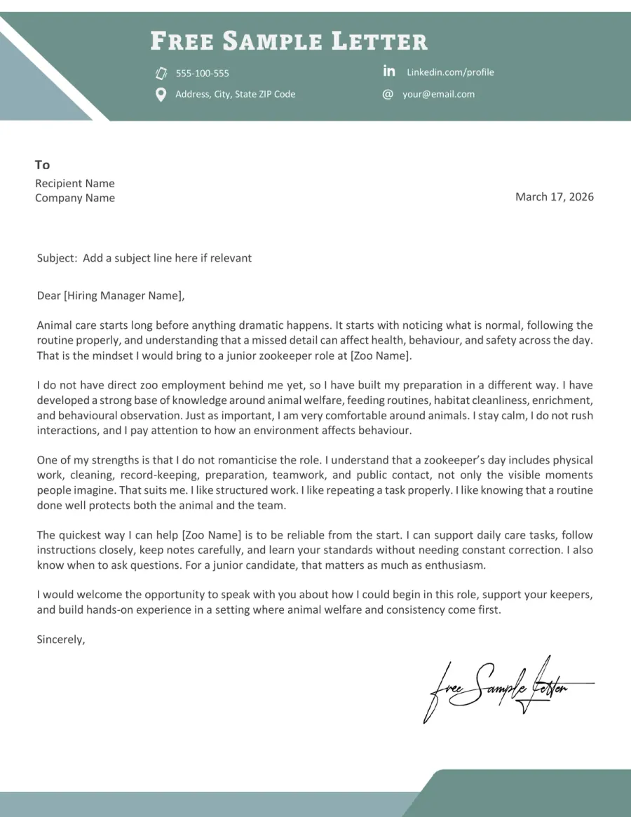 Preview the Zookeeper Cover Letter Template Before Downloading Word or PDF