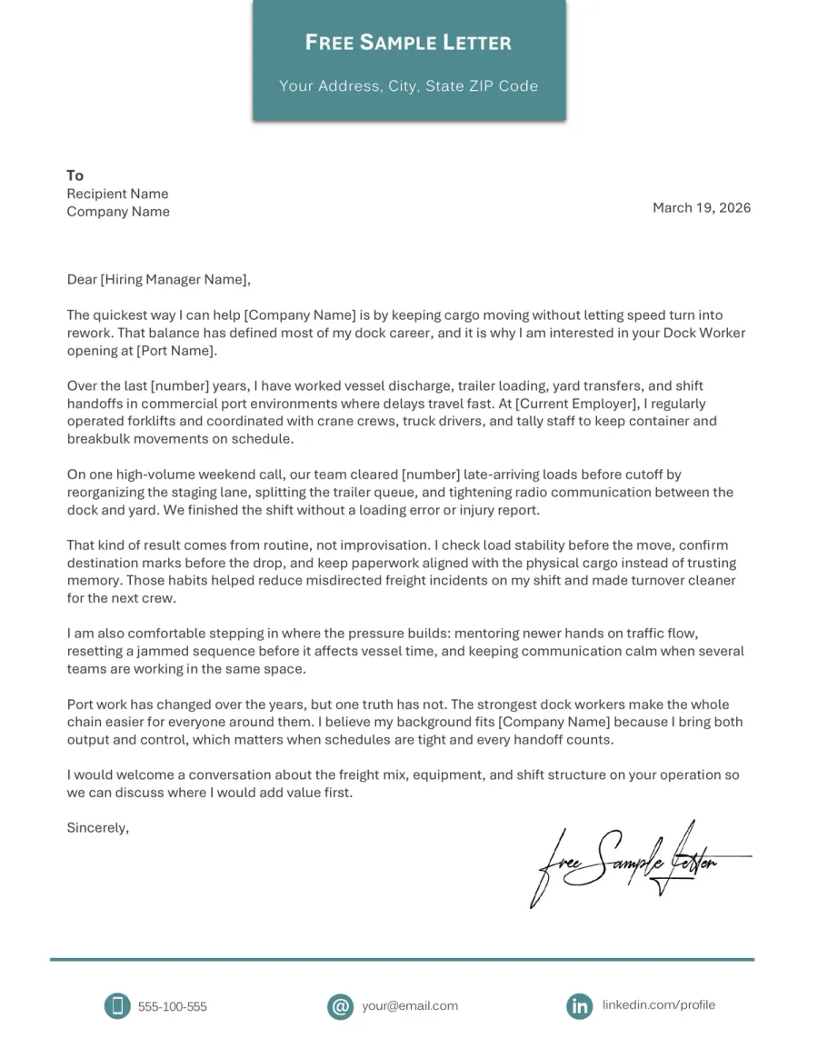 Dock Worker Cover Letter Template Preview Before Download (Word / PDF)