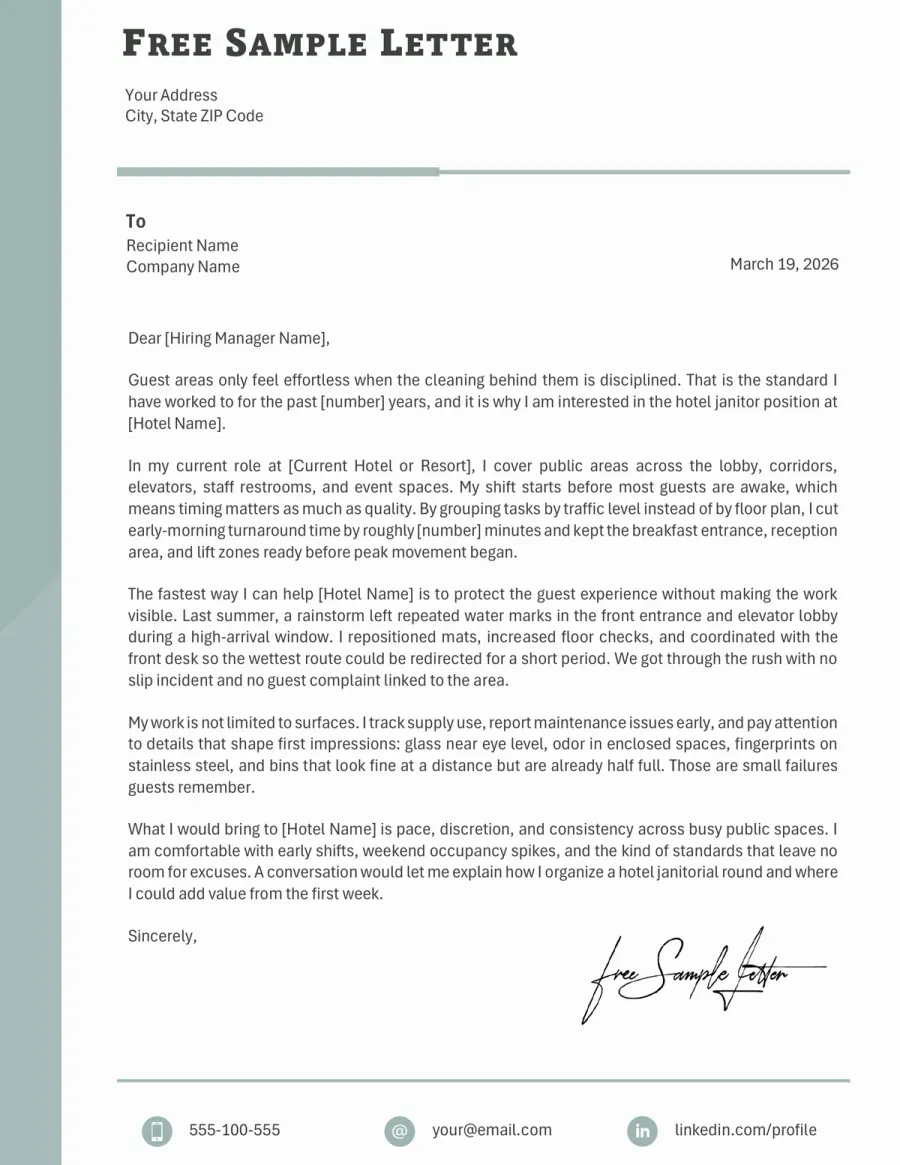 Preview of the Cleaner Cover Letter Template Before Word or PDF Download
