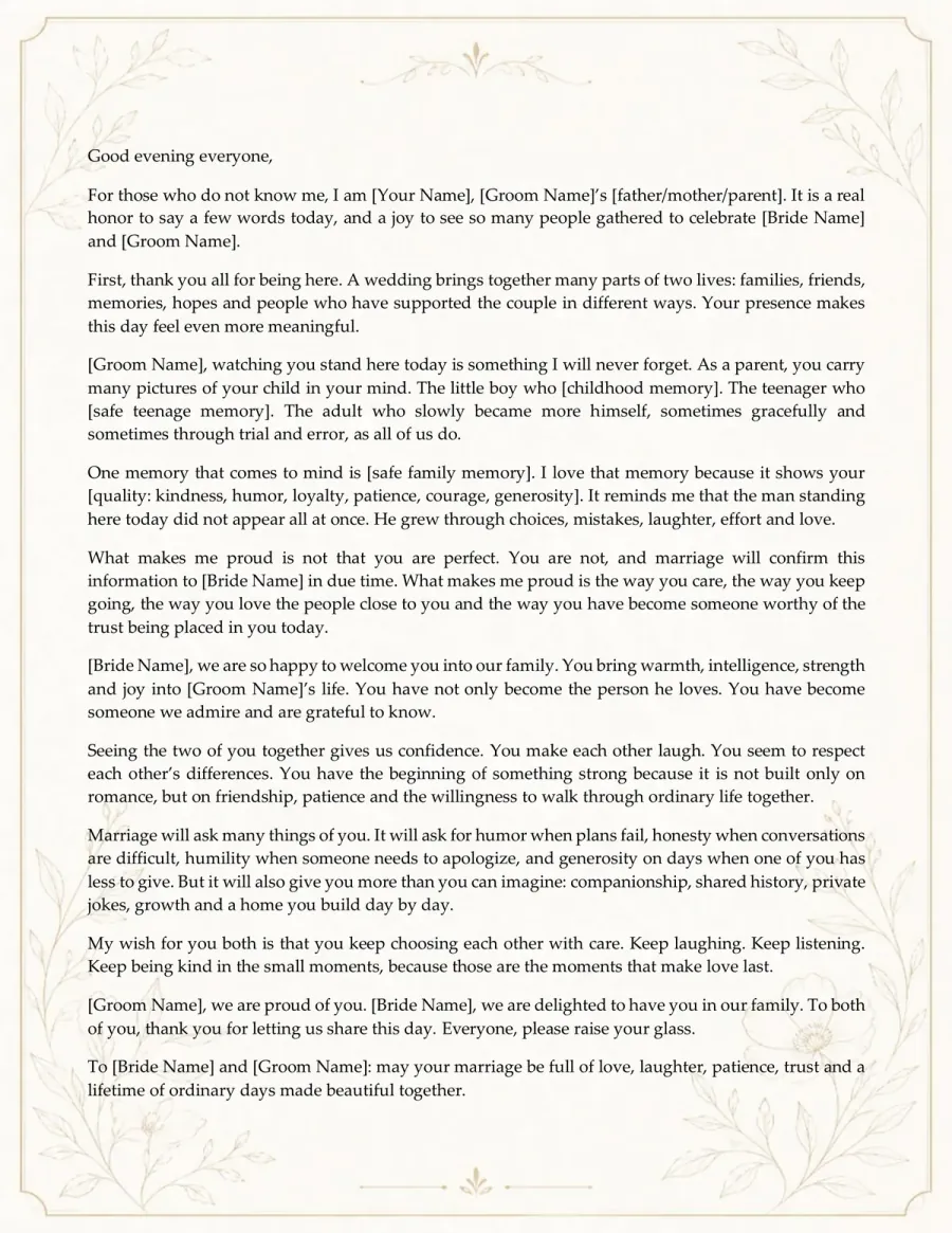 Preview of the Parent Wedding Speech Template You Can Download
