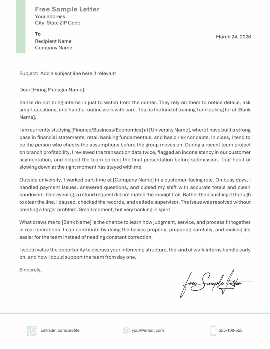 Banking Internship Cover Letter Template Preview and Word/PDF Download