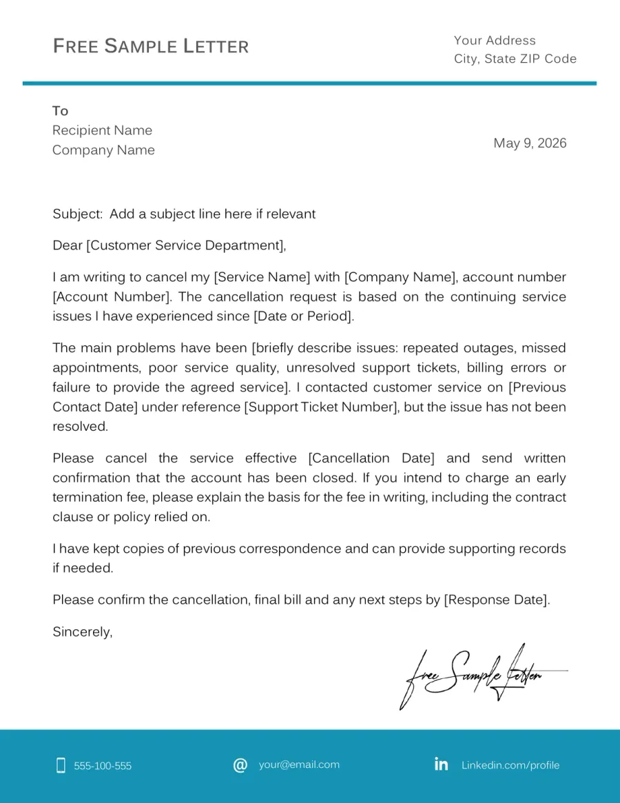 Preview of the Service Cancellation Letter Template You Can Download