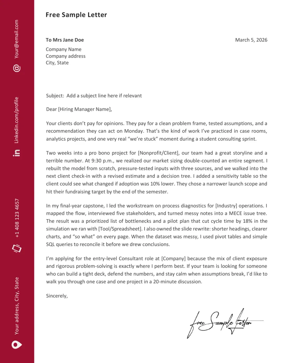 Preview the Consulting Cover Letter Template Before Downloading (Word + PDF)