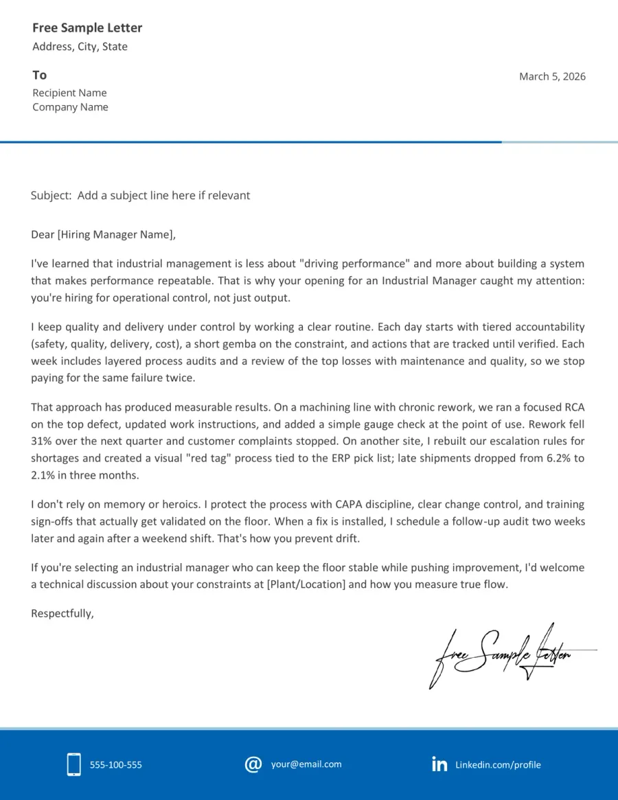 Industrial Manager Cover Letter Template Preview Before Download (Word/PDF)