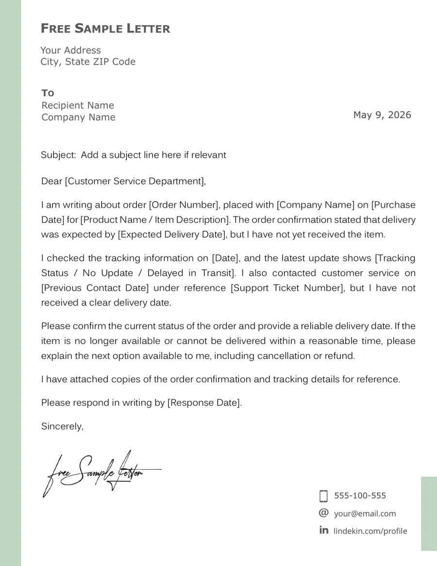 Preview of the Order Delay Complaint Letter Template