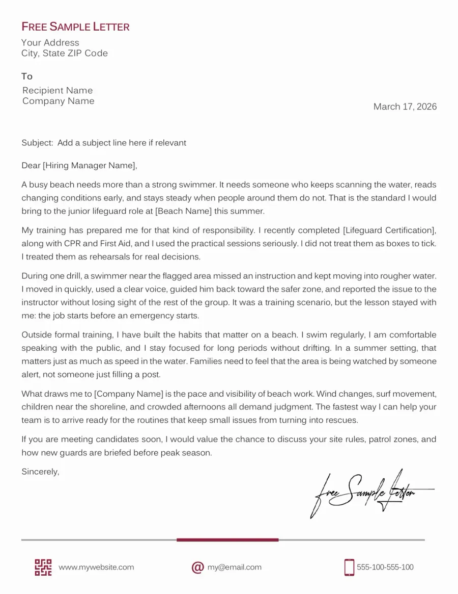 Preview the Lifeguard Cover Letter Template Before Downloading Word or PDF
